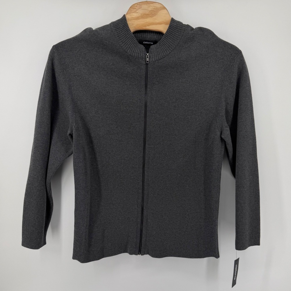 Claiborne Full Zip Sweater‎ Mens XXL Charcoal Gray NEW Cotton Mock Neck Cardigan